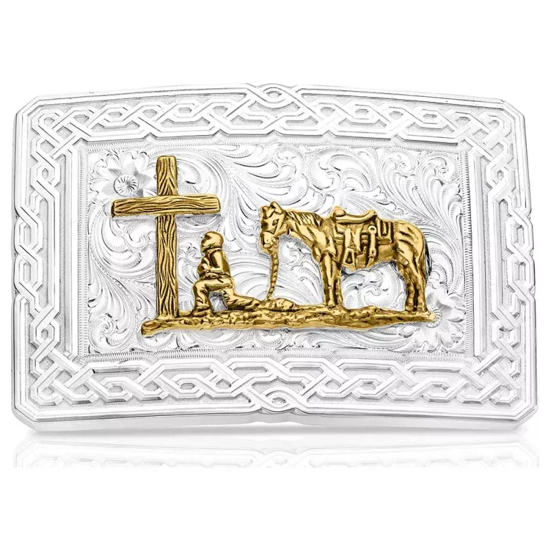 'Unyielding Grit' Belt Buckle w/ Cross, Cowboy, Horse