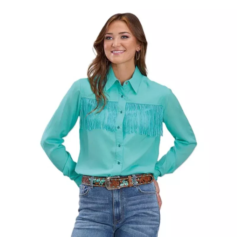 Women's Western w Fringe Show Shirt Turquoise